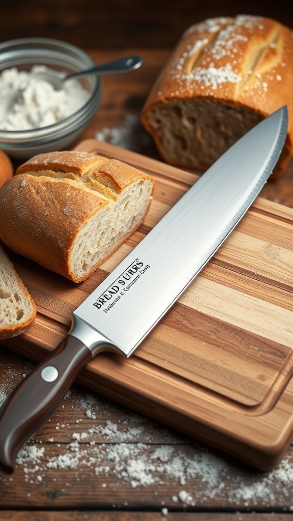 A serrated bread knife on a cutting board with loaves of bread.